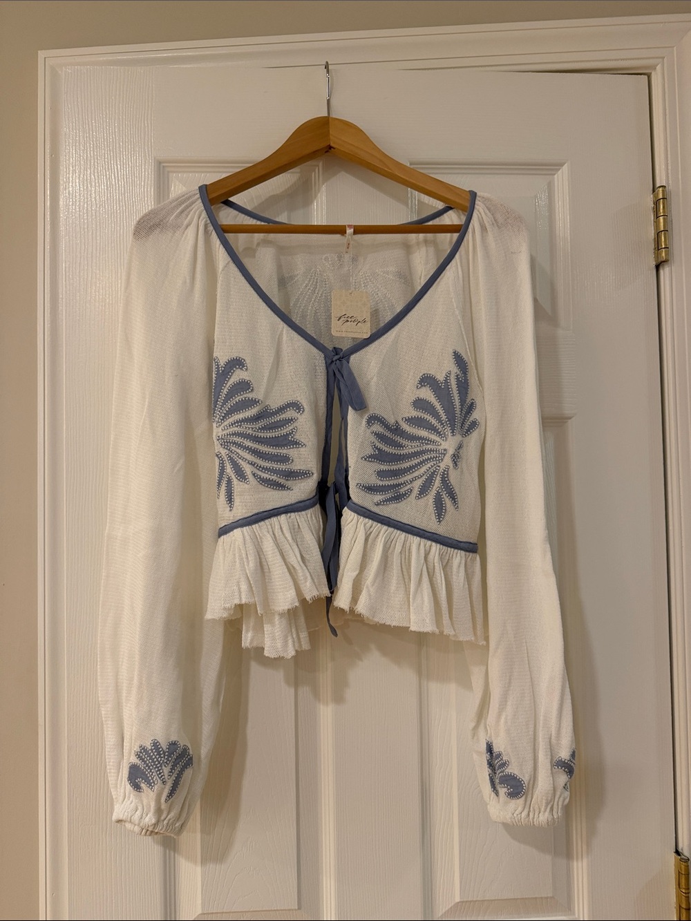 Free People White Ruffled Peasant Top with Blue Embroidery